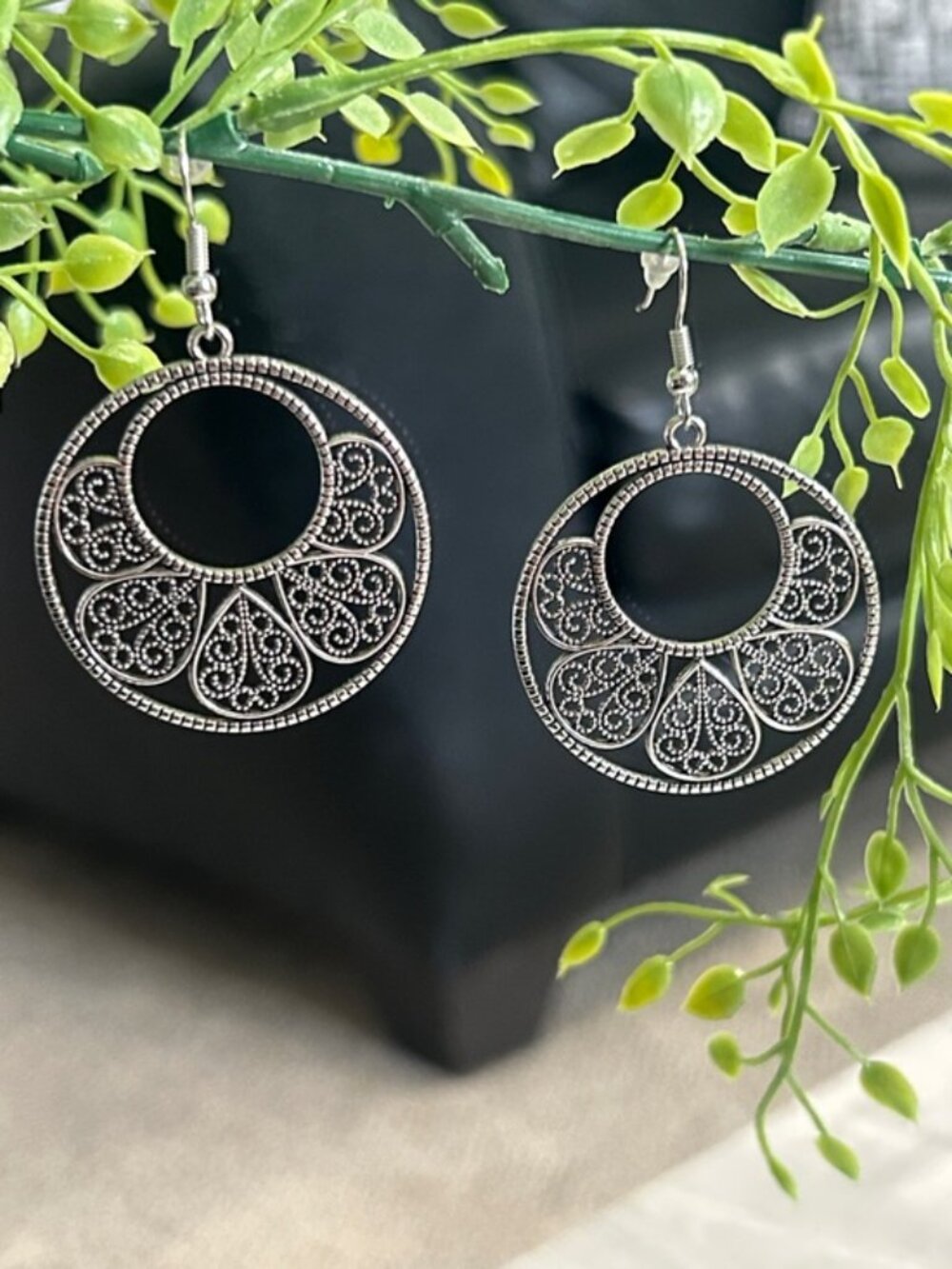 Vintage Boho Antique Silver Tone Filigree Circle Earrings - NWOT